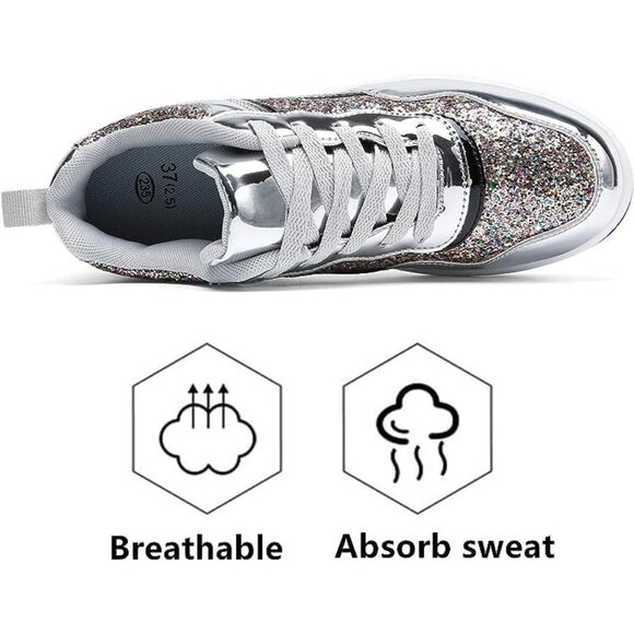 Kkdom Women's Silver Breathable Mesh Comfort Lightweight Wedge Platform Sneakers - Picture 4 of 6